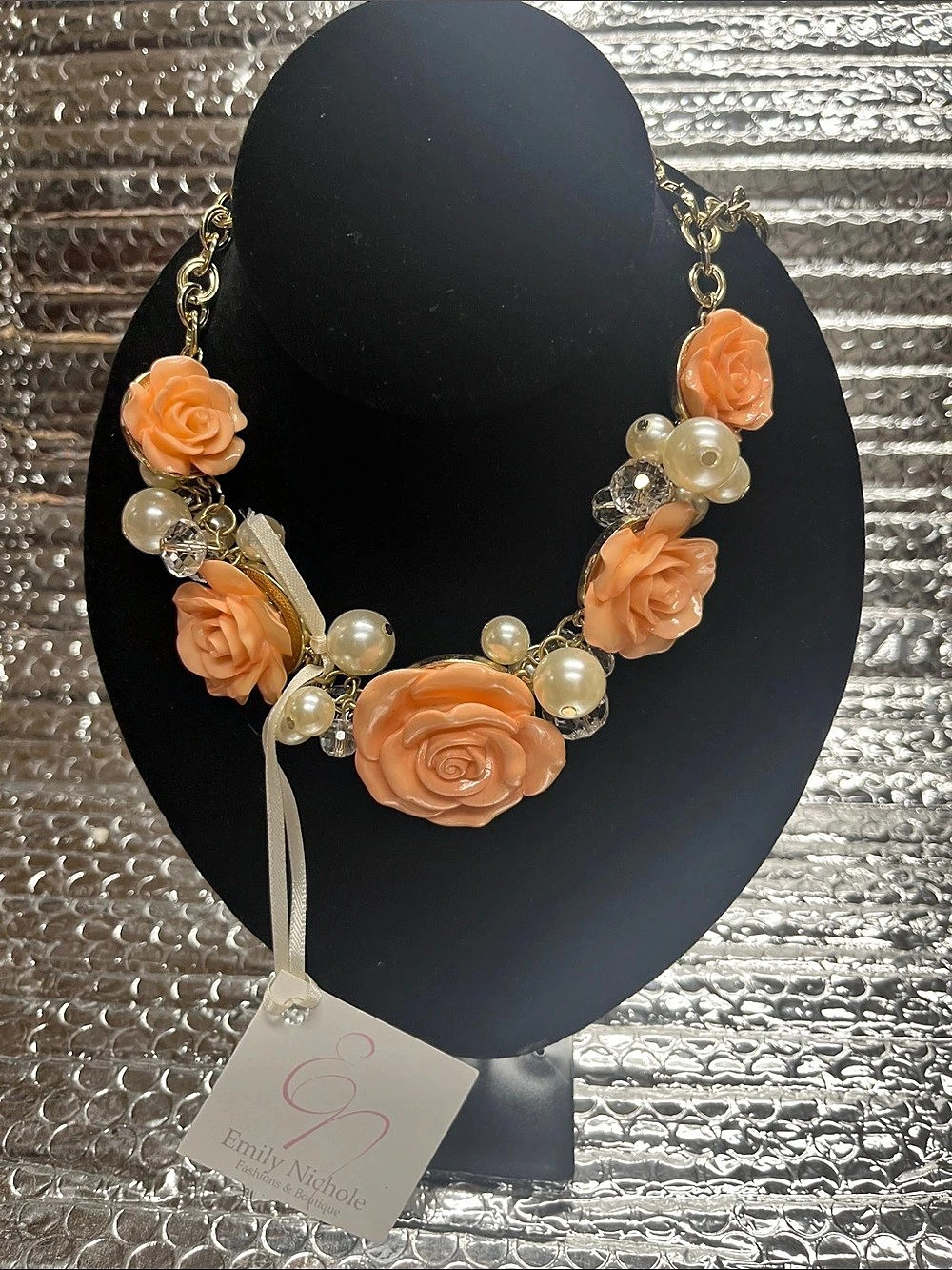 Emily Nichole Floral Statement Necklace in Orange & Gold NWT
